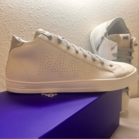 P448 John Mid Top EU 43 Lace Up Side Zip Shoes White Cream Mens 10.5 Womens 12 - Picture 1 of 7